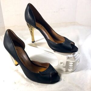 Nina Selma Women’s Black & Gold Nappa D’Orsay Peep Toe Rose Accent Leather Heel